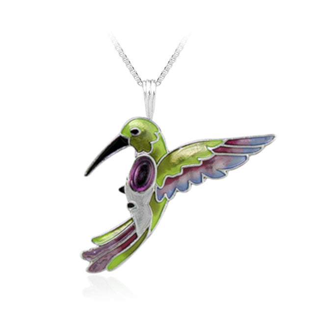 Hummingbird Sterling Silver plated Pendant with Amethyst & Enamels