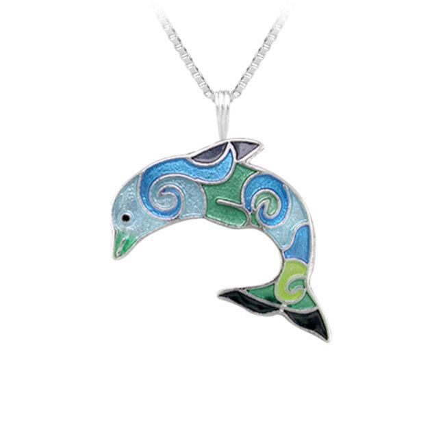 Dolphin Wave Dancer Sterling Silver plated Pendant with Enamels