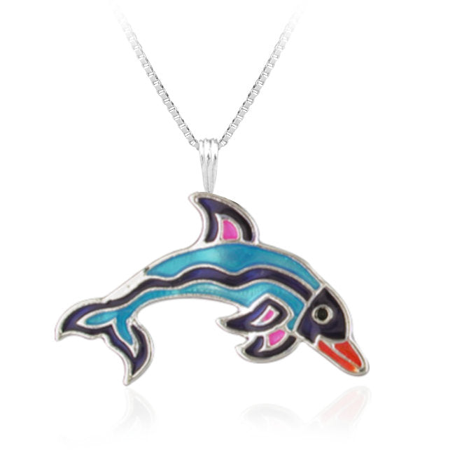 Dolphin Sterling Silver plated Pendant with Enamels
