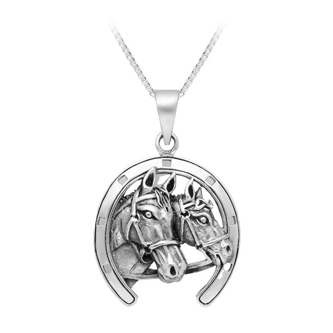 Horses in Horseshoe Sterling Silver Pendant with Oxidised Accents