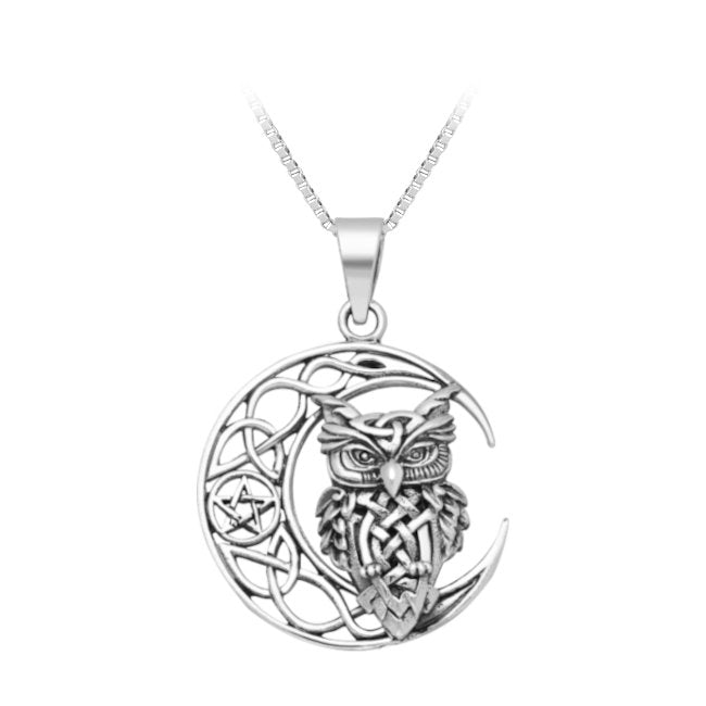Owl on Moon with Celtic Knotwork & Star Sterling Silver Pendant