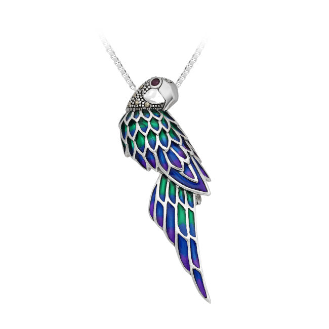 Parrot Sterling Silver Pendant - Pin combo with Ruby, Marcasite & EnamelRuby & Marcasite & Enamels