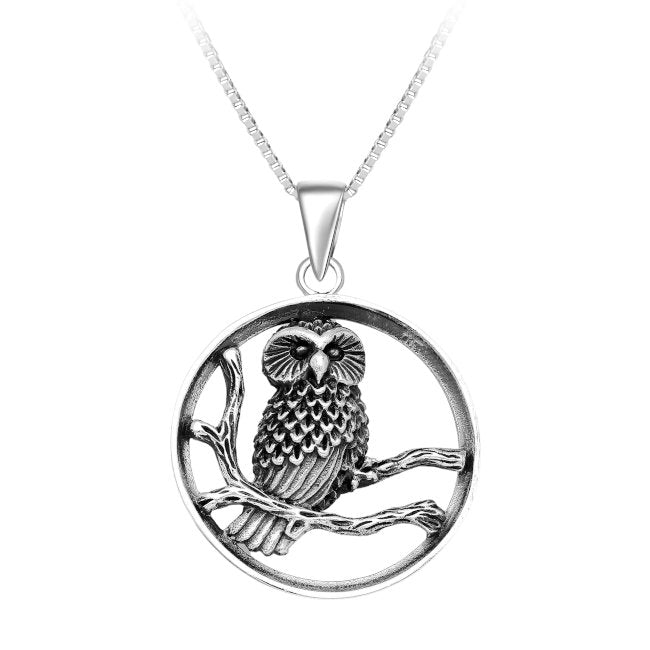 Owl on a Branch Sterling Silver Pendant with Oxidised Accents