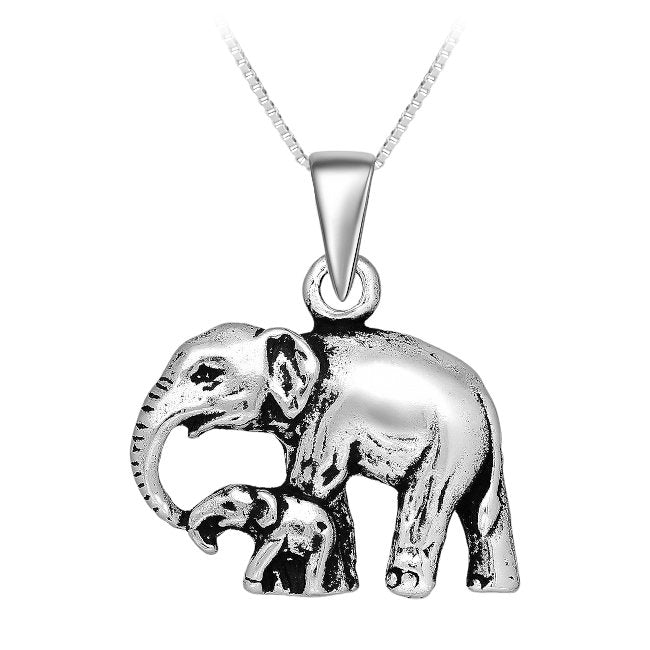 Elephant Mum & Calf Sterling Silver Pendant with Oxidised Accents
