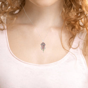 Jellyfish Dangle Sterling Silver plated Pendant with Enamels modelled