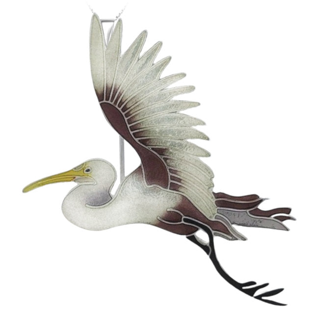 Egret Sterling Silver plated Pendant - Pin combo with Enamels