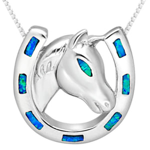 Horse in Horseshoe Sterling Silver Pendant with Lab-Created Blue Opal