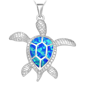 Turtle Sterling Silver Pendant with Lab-Created Deep Sky Blue Opal