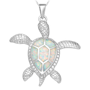 Turtle Sterling Silver Pendant with Lab-Created White Opal