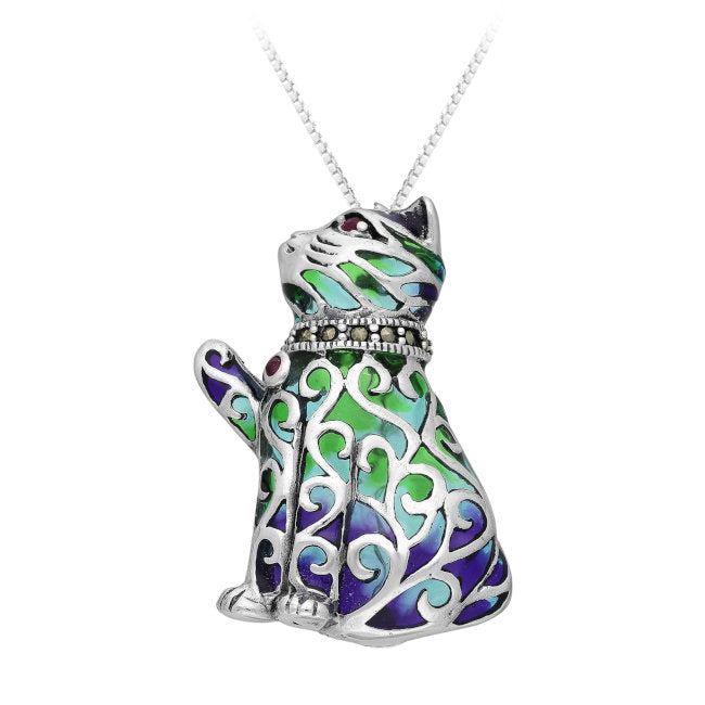 Cat Sterling Silver Pendant - Pin combo with Ruby, Marcasite & Enamels