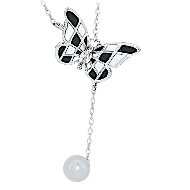 Harlequin Butterfly Sterling Silver Necklace with Freshwater Pearl, Enamels & CZ