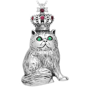 Cat with Crown Sterling Silver Pendant with Emerald & Ruby