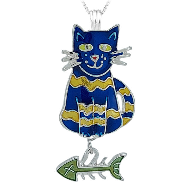 Cat and Fish Calypso Sterling Silver plated Pendant with Enamels