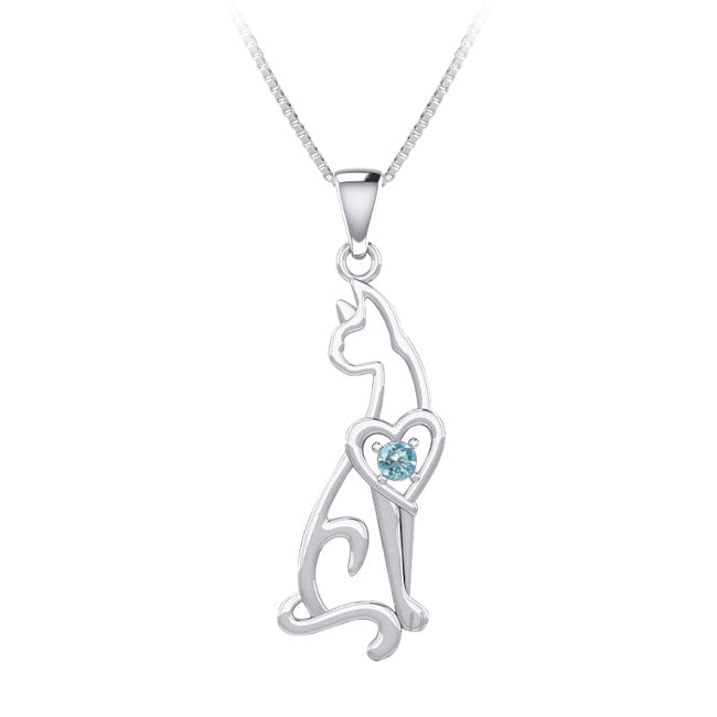 Heart Cat Sterling Silver Pendant with Blue Topaz