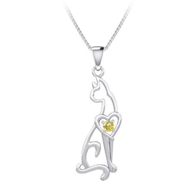 Heart Cat Sterling Silver Pendant with Citrine