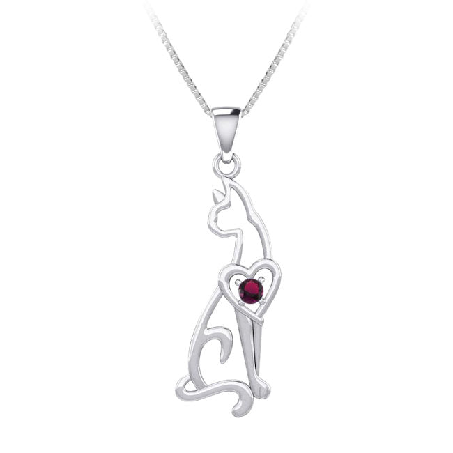 Cat & Heart Sterling Silver Pendant with lab-created Ruby