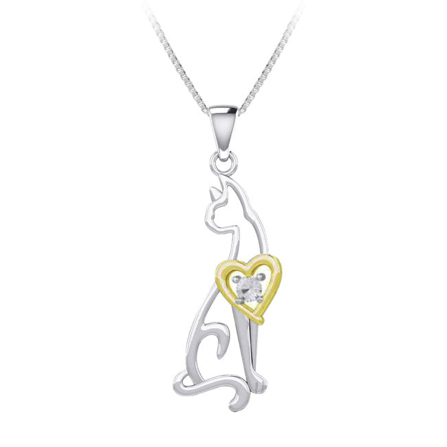 Cat Heart Sterling Silver Pendant with 14k Gold overlay & Cubic Zirconia