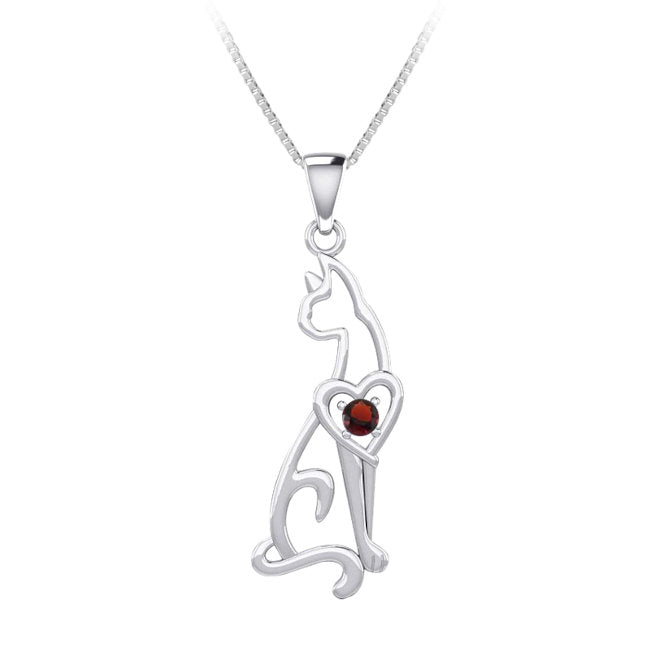 Heart Cat Sterling Silver Pendant with Garnet