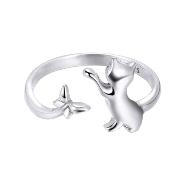 Cat & Butterfly Sterling Silver Adjustable Ring