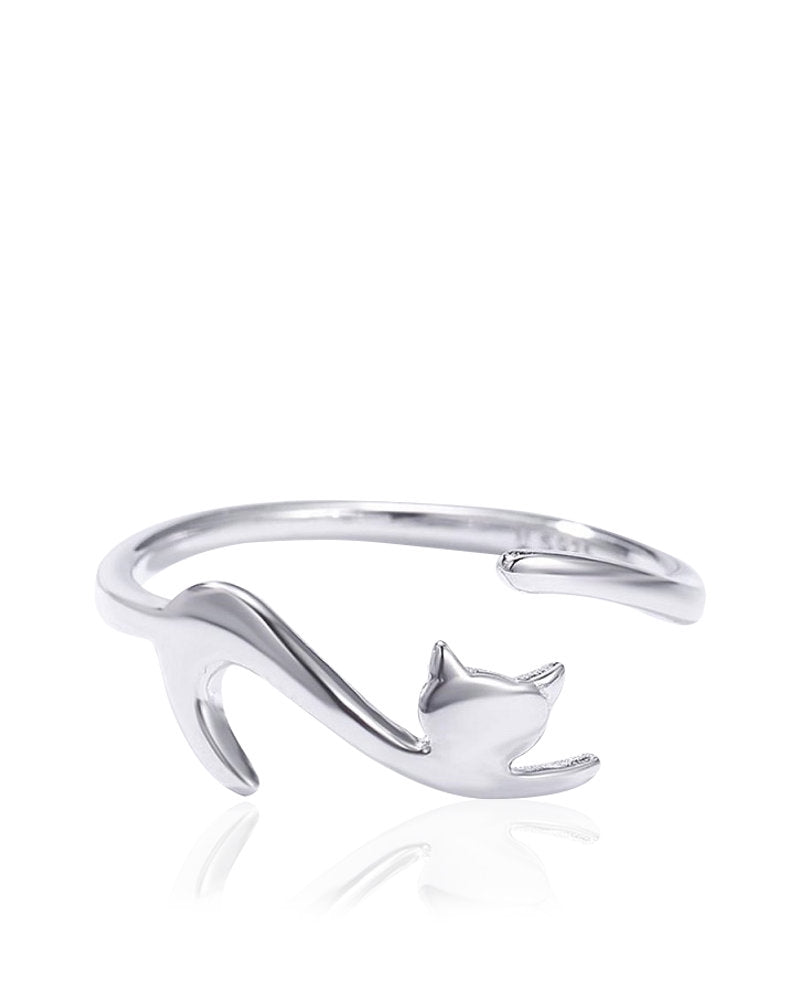 Cat Stretching Sterling Silver adjustable Ring