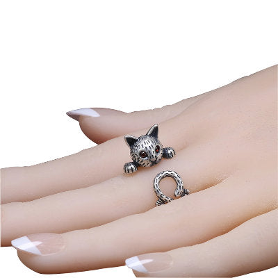 Red Eyed Cat Sterling Silver adjustable Ring with Cubic Zirconia