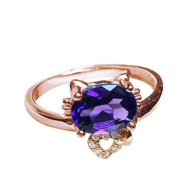 Cat Sterling Silver adjustable Ring with Rose Gold Accents & Amethyst