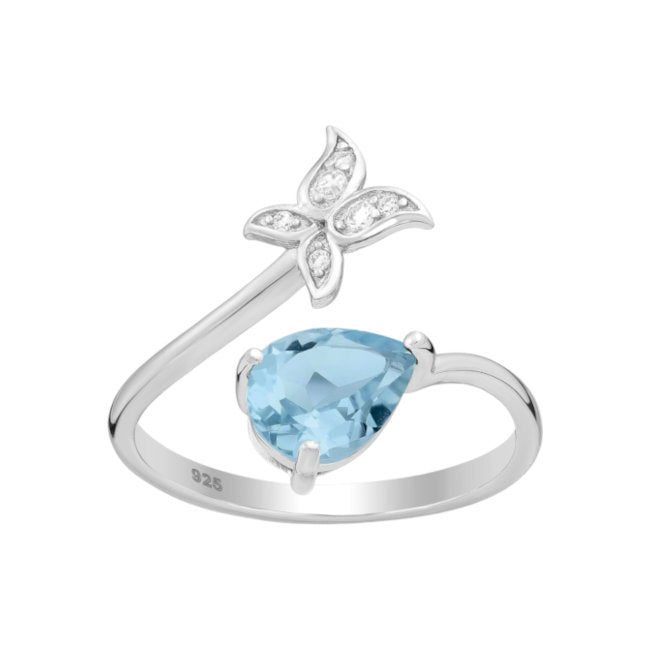 Butterfly Sterling Silver adjustable Ring with Blue Topaz