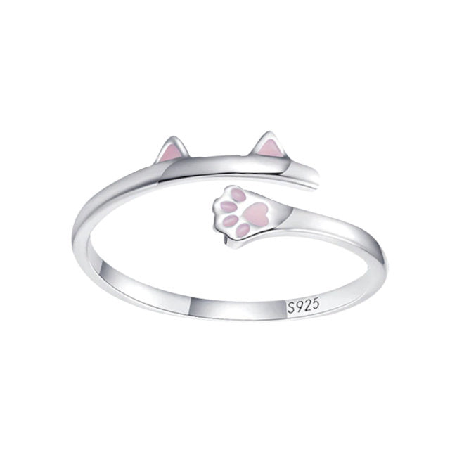 Cat with Pink Ears & Paw Sterling Silver adjustable Ring