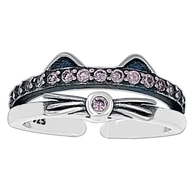 Cat Sterling Silver adjustable Ring with Pink Cubic Zirconia