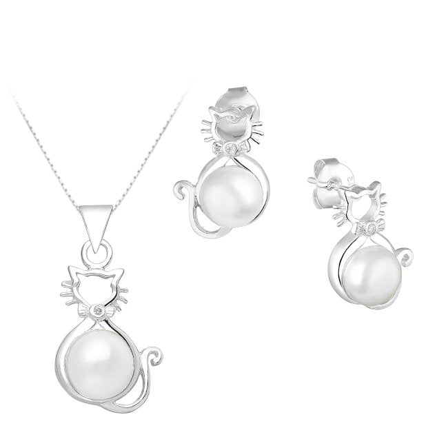Cat Sterling Silver Jewellery Set with Freshwater Pearls & CZ