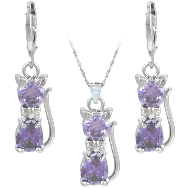 Cat Sterling Silver with Mauve Cubic Zirconia Jewellery Set