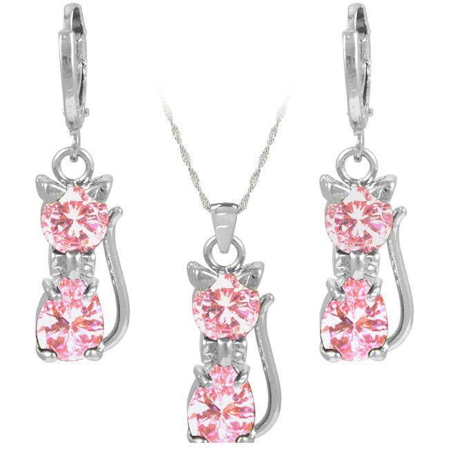 Sparkle Cat Sterling Silver Jewellery Set with Pink Cubic Zirconiath Pink Cubic Zirconia