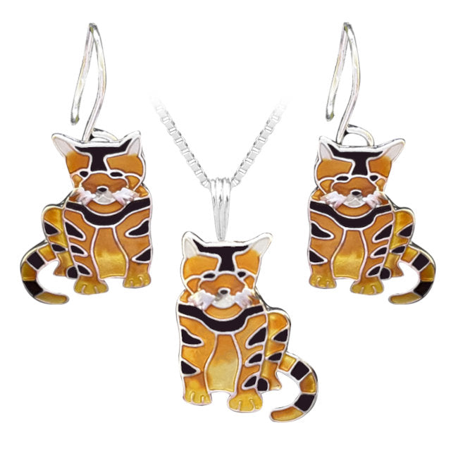 Tabby Cat Sterling Silver plated Jewellery Set with Enamels