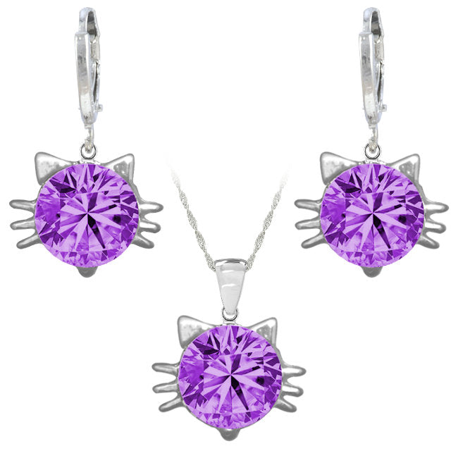 Cat Face Sterling Silver with Mauve Cubic Zirconia Jewellery Set