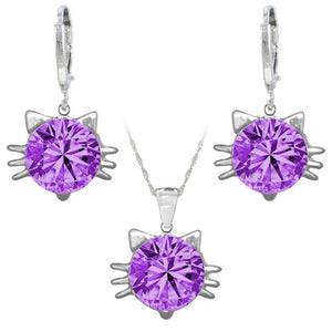 Whiskers Cat Face Jewellery Set in Sterling Silver with Mauve Cubic Zirconia