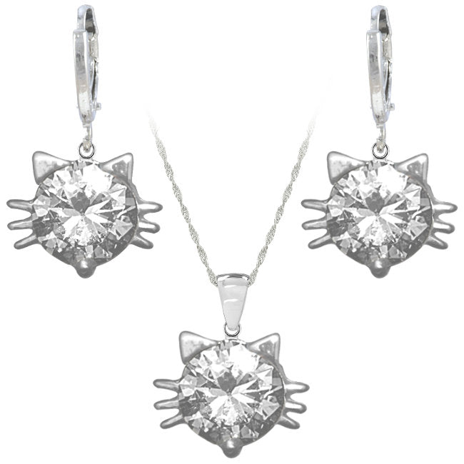 Cat Face Sterling Silver with White Cubic Zirconia Jewellery Set
