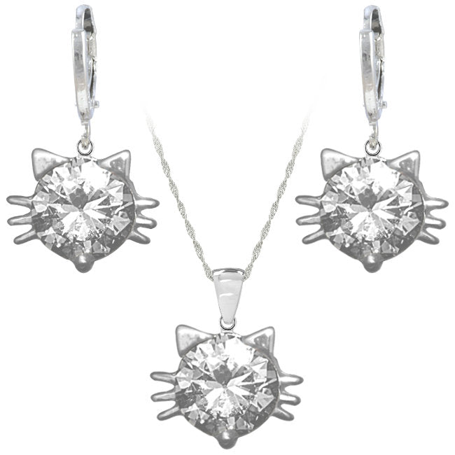 Whiskers Cat Face Jewellery Set in Sterling Silver with White Cubic Zirconia