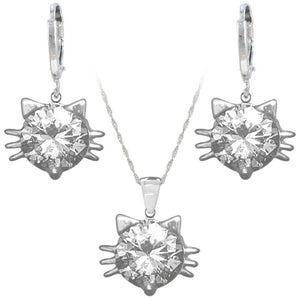 Whiskers Cat Face Jewellery Set in Sterling Silver with White Cubic Zirconia