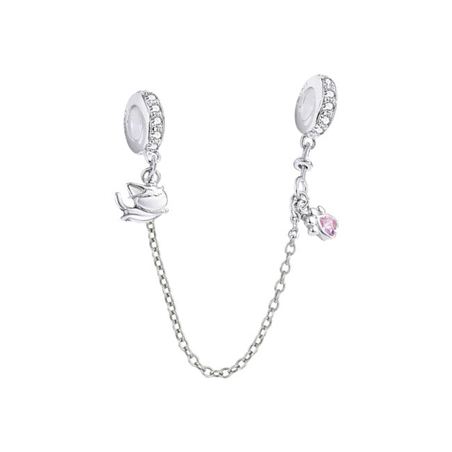 Cat & Paw Sterling Silver Safety Chain with Cubic Zirconia