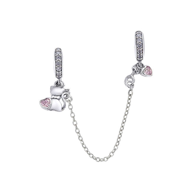 Cat & Heart Sterling Silver Safety Chain with Cubic Zirconia