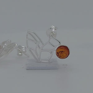 Squirrel Origami Sterling Silver post Earrings with Baltic Amber viewed in 3d rotating
