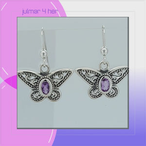 Butterfly Sterling Silver Earrings with Amethyst viewed in 3d rotation