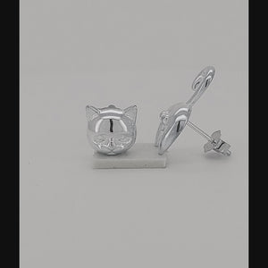 Cat asymmetrical Face and Behind Sterling Silver push-back Earrings viewed in 3d rotation